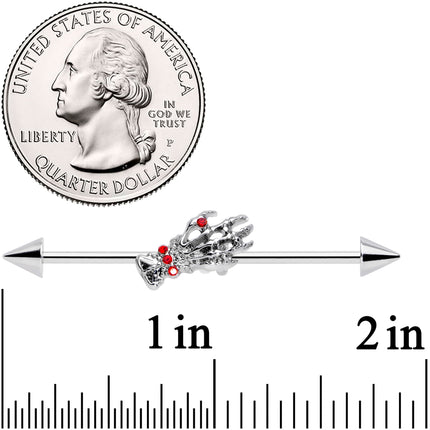 14G Red Gem Skeleton Hand Halloween Industrial Barbell 38mm