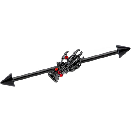 14G Red Gem Black Skeleton Hand Halloween Industrial Barbell 38mm