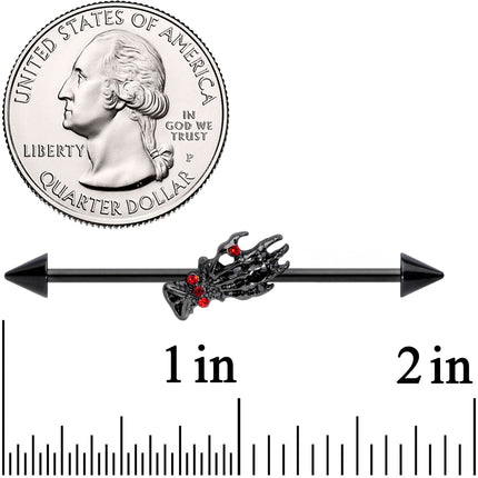 14G Red Gem Black Skeleton Hand Halloween Industrial Barbell 38mm