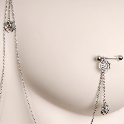 14G 9/16 Creepy Crawly Spider Web Halloween Nipple Chain Necklace