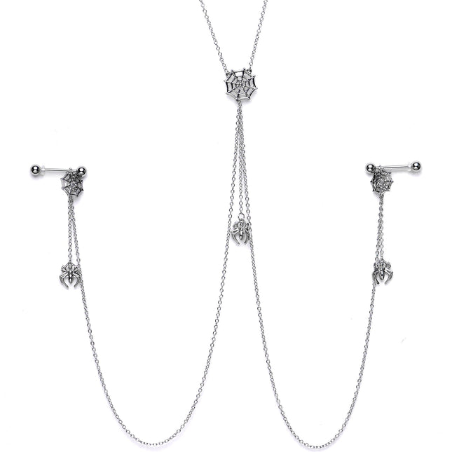 14G 9/16 Creepy Crawly Spider Web Halloween Nipple Chain Necklace