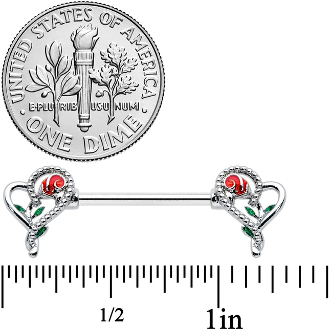 14G 5/8 Open Heart Rose Valentines Barbell Nipple Ring Set