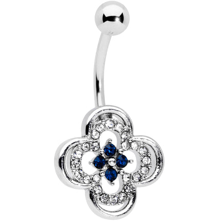 Clear Blue Gem Stylized Deco Cross Belly Ring