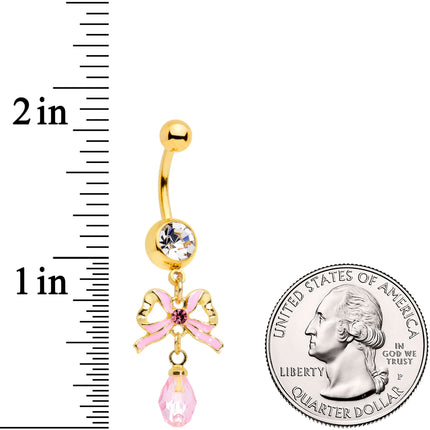 Clear Pink Gem Gold Tone Pink Bow Dangle Belly Ring