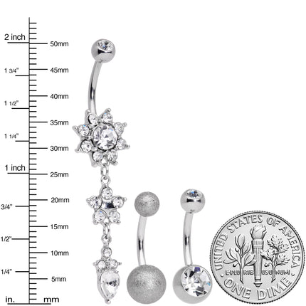 Clear Gem Flower Sandblasted Dangle Belly Ring Set of 3