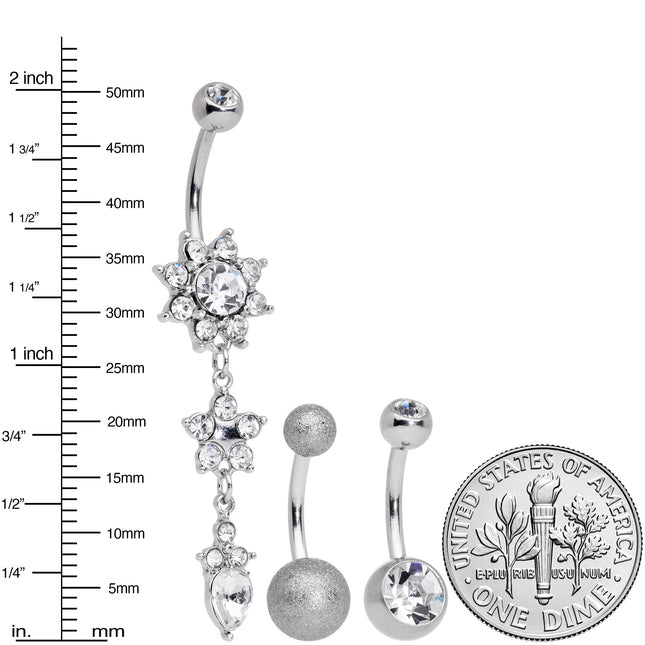 Clear Gem Flower Sandblasted Dangle Belly Ring Set of 3