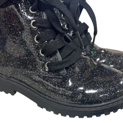Fitory Girls Size 11 Black Sparkle Glitter Lace Up  Side ZIp Ankle Combat Boots