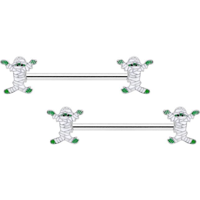14G 5/8 Green Mummy Halloween Barbell Nipple Ring Set