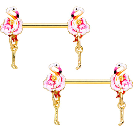 14G 9/16 Gold Tone Pink Flamingo Dangle Barbell Nipple Ring Set