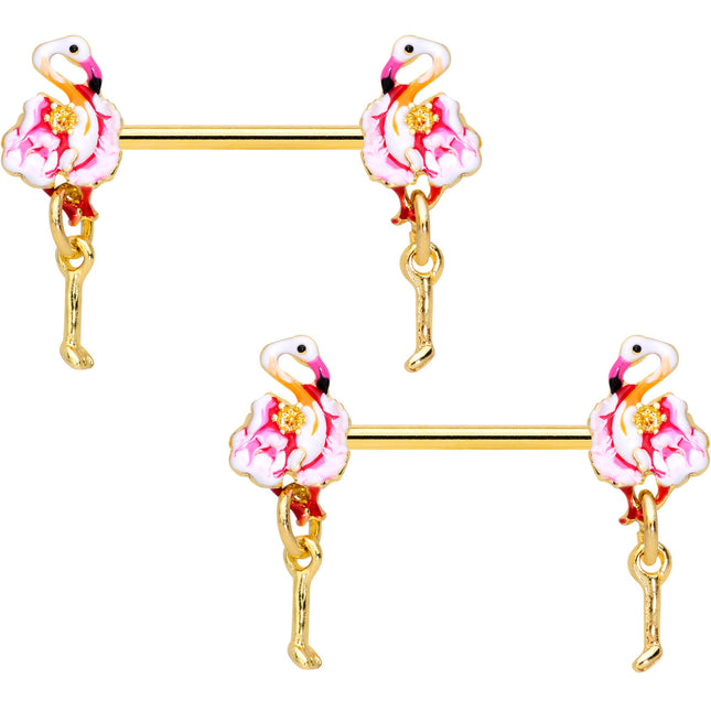 14G 9/16 Gold Tone Pink Flamingo Dangle Barbell Nipple Ring Set