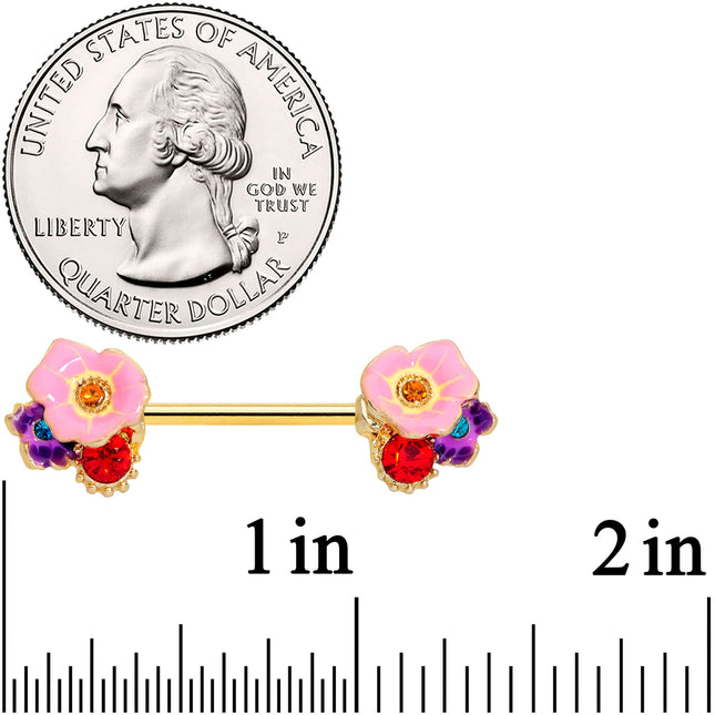 14G 9/16 Red Pink Gem Gold Tone Multi Flower Nipple Ring Set