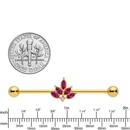14G Dark Red Gem Gold Tone Autumn Leaves Industrial Barbell 38mm