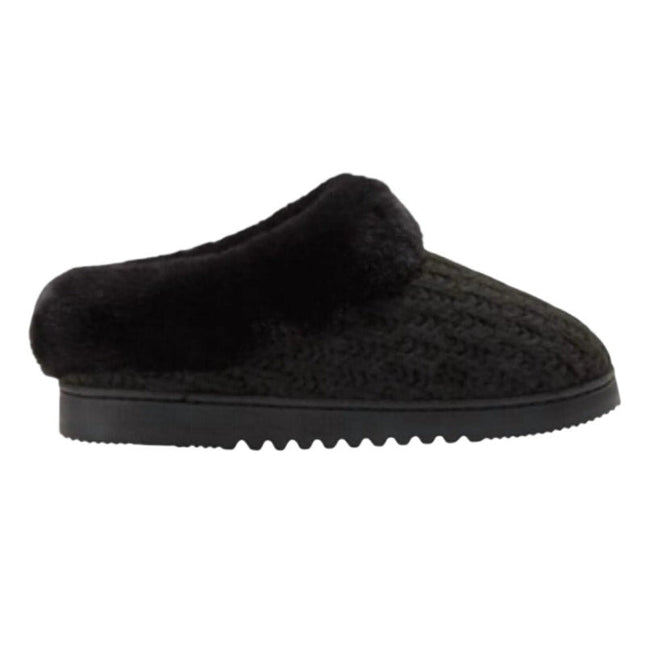 New In Box Dearfoams Women Small 5/6 Black Faux Fur Lined Knit Slide On Slippers