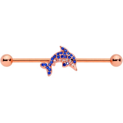 14G Blue Gem Rose Gold Tone Dolphin Industrial Barbell 38mm