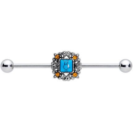 14G Yellow Gem Blue Faux Turquoise Square Industrial Barbell 38mm
