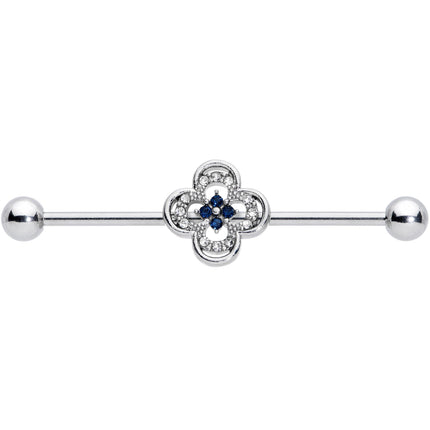 14G Blue Gem Stylized Deco Cross Industrial Barbell 38mm