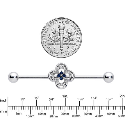 14G Blue Gem Stylized Deco Cross Industrial Barbell 38mm