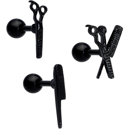 16G 1/4 Black Scissor Comb Hair Cartilage Tragus Earring Set of 3