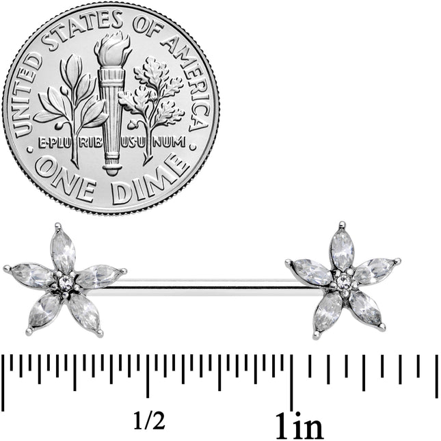 14G 9/16 Clear Gem Starry Flower Barbell Nipple Ring Set