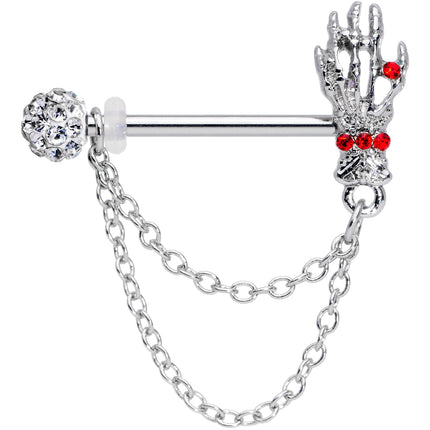 14G 9/16 Red Gem Skeleton Hands Halloween Dangle Nipple Ring Set