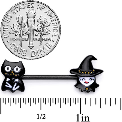 14G 9/16 Black Cat Pretty Witch Halloween Barbell Nipple Ring Set