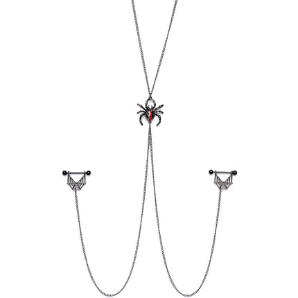 14G 9/16 Red Gem Black Spider Web Halloween Nipple Chain Necklace
