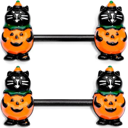 14G 9/16 Black Cat Pumpkin Halloween Barbell Nipple Ring Set