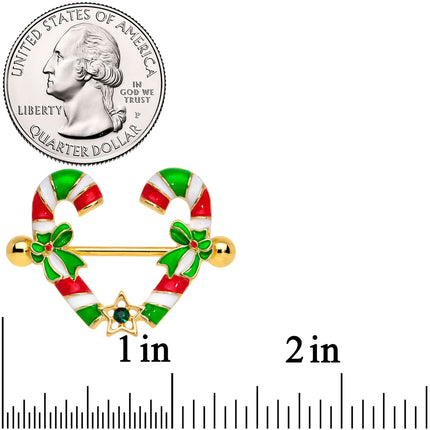 14G 5/8 Green Gem Gold Tone Candy Cane Christmas Nipple Ring Set