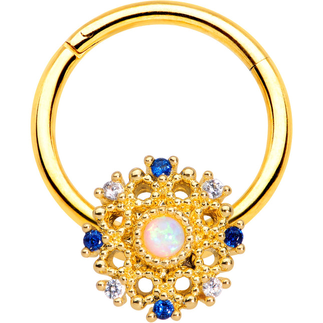 16G 3/8 Gold Tone White Synthetic Opal Sun Hinged Segment Ring