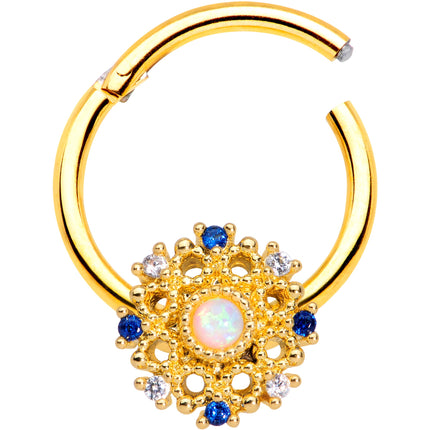 16G 3/8 Gold Tone White Synthetic Opal Sun Hinged Segment Ring