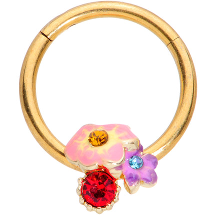 16G 3/8 Red Blue Gem Gold Tone Multi Flower Hinged Segment Ring