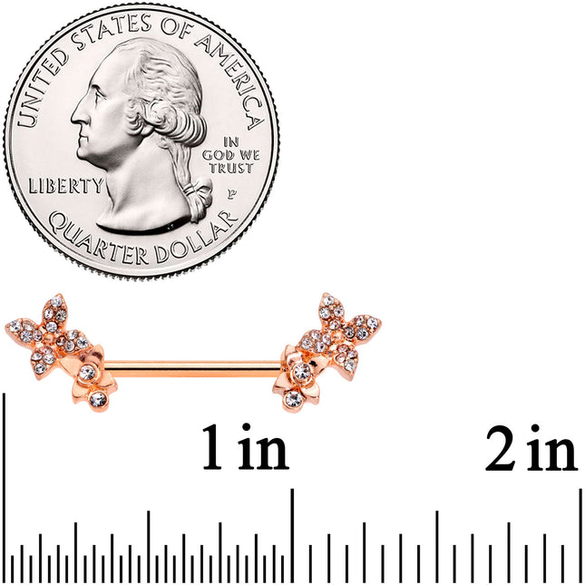 14G 9/16 Clear Gem Rose Gold Tone Butterfly Duo Nipple Ring Set