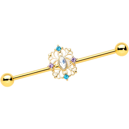 14G White Synthetic Opal Gold Tone Web Industrial Barbell 38mm