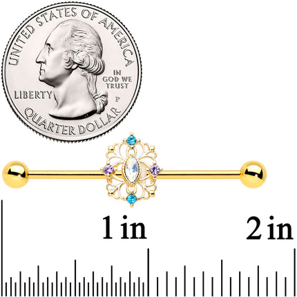 14G White Synthetic Opal Gold Tone Web Industrial Barbell 38mm