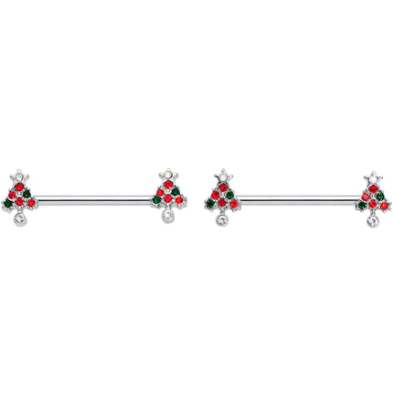 14G 11/16 Clear Red Green Gem Christmas Tree Nipple Ring Set