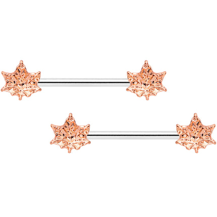 14G 5/8 Rose Gold Tone Pot Leaf Barbell Nipple Ring Set