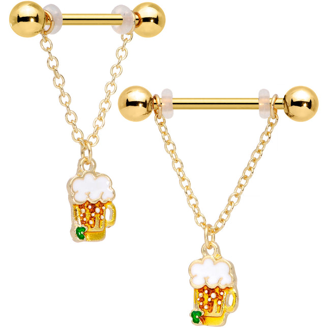 14G 3/4 Gold Tone Beer Mug St Patricks Day Dangle Nipple Ring Set