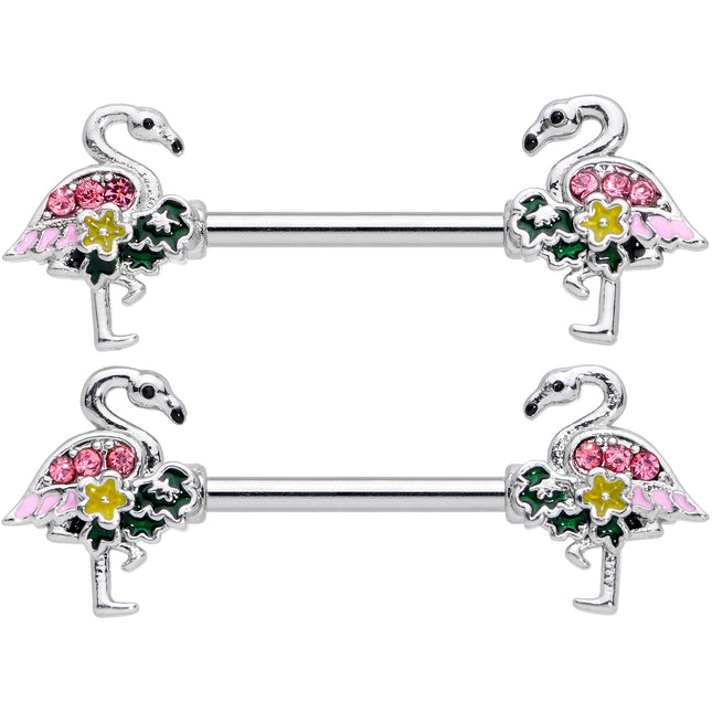 14G 9/16 Pink Gem Funky Flamingo Barbell Nipple Ring Set