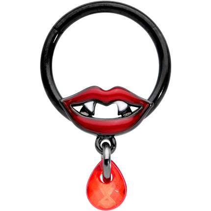 16G 3/8 Red Gem Black Vampire Fang Halloween Hinged Segment Ring