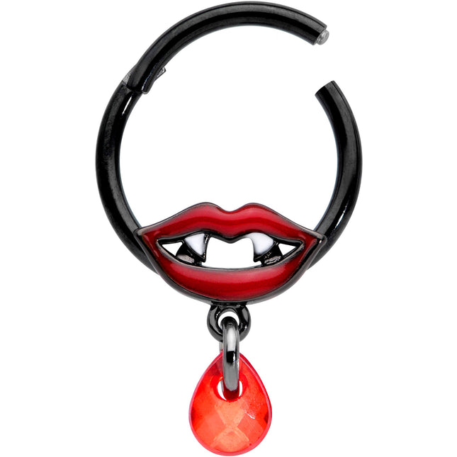 16G 3/8 Red Gem Black Vampire Fang Halloween Hinged Segment Ring