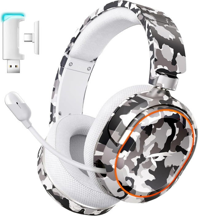 Wireless Gaming Headset, 7.1 Surround Sound, 2.4GHz USB Gaming Headphones with Bluetooth 5.4, 100H Battery, ENC Noise Canceling Mic, RGB Light, Wireless Headset for PC PS5 PS4 Mac Switch (Black-White)