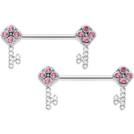 14G 9/16 Pink Gem Open Key Barbell Nipple Ring Set