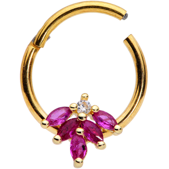 16G 3/8 Dark Red Gem Gold Tone Autumn Leaves Hinged Segment Ring
