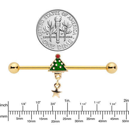 14G Red Gem Star Christmas Tree Dangle Industrial Barbell 38mm