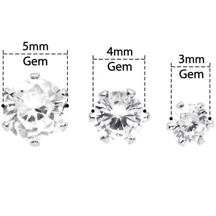 20G Clear CZ Gem 3mm to 5mm Post Stud Earring Set of 3