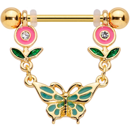 14G 9/16 Clear Gem Gold Tone Butterfly Flower Nipple Ring Set