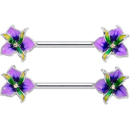 14G 9/16 Clear Gem Purple Iris Flower Barbell Nipple Ring Set