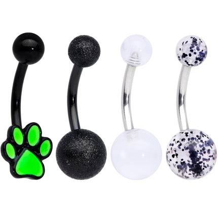 Black Clear Glitter Glow UV Glow Paw Belly Ring Set of 4