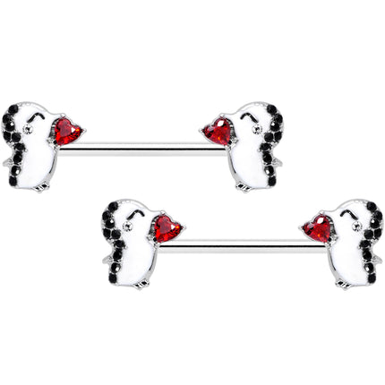 14G 5/8 Red Gem Penguin Heart Valentine Barbell Nipple Ring Set