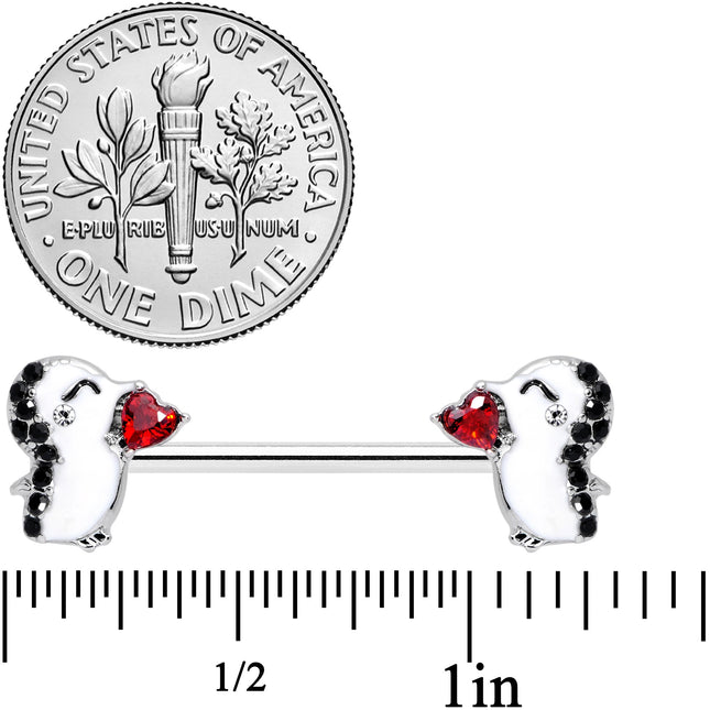 14G 5/8 Red Gem Penguin Heart Valentine Barbell Nipple Ring Set